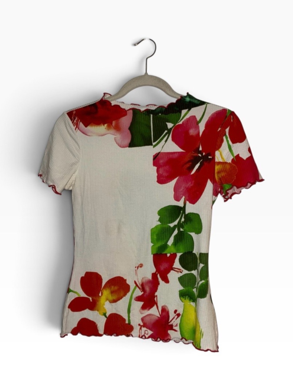 Desigual White Short-Sleeve Ribbed Top with Red Floral & Green Leaves Sz S